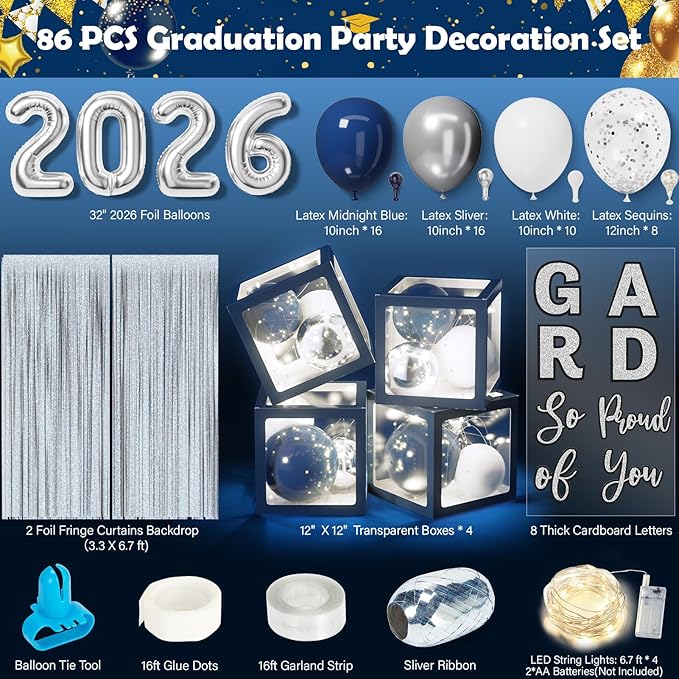 Graduation Party Decoration Class of 2026, 86PCS Blue & Silver Graduation Party Supplies High School College Grad Balloon Boxes with Letter, Foil Curtain, LED String Light, Balloon Garland Kit