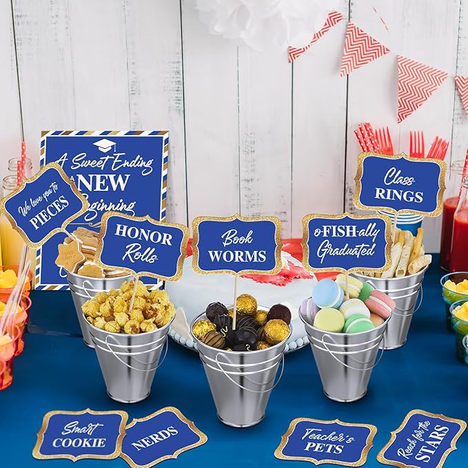 12 Set 2026 Graduation Candy Buffet Party Decoration Graduation Table Candy Bar Snack Labels Signs and 5'' Buckets with Handle for Class of 2026 Party Parties Supplies(Pure Style,Blue)