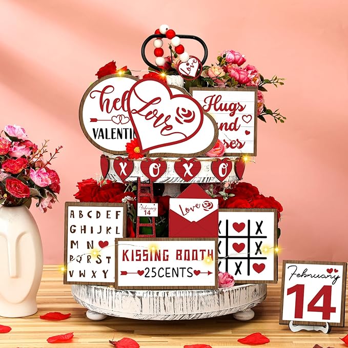 16 Pcs Valentine's Day Tiered Tray Decorations Set Valentine Heart Wood Sign Farmhouse Romantic Sweet Table Decor Love Theme Centerpieces for Kitchen Home Decor Wedding Party Gift