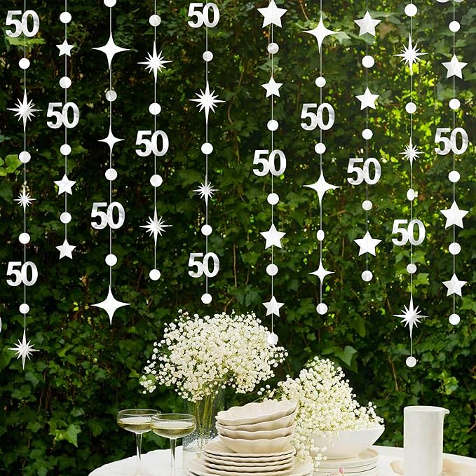 Silver 50th Birthday Decorations Number 50 Circle Dot Twinkle Star Garland Metallic Hanging Streamer Bunting Banner Backdrop for 50 Year Old Birthday Happy 50th Anniversary Fiftieth Party Supplies