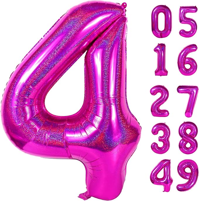 Laser Hot Pink 4 Balloon, Number Balloons 40 Inch, 4th Birthday Decorations for Girls Four Large Numbers for Party Decor, Number 4 Balloon