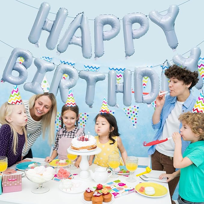 KALOR Pastel Blue Happy Birthday Balloons Banner, 16 Inch Mylar Foil Letters Balloon Sign for Birthday Party Decorations Photo Booth Backdrop