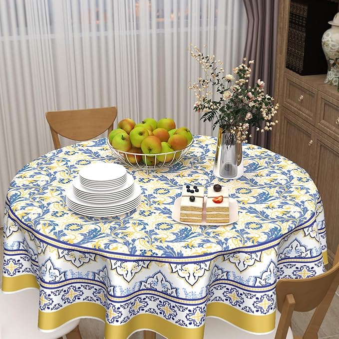 Yellow and Blue Floral Tablecloth Round 70 Inch Farmhouse Boho Tablecloth Spring Summer Fabric Table Cloth With Wrinkle Resistant For Kitchen Holiday Picnic Party Dinner Room Indoor Outdoor Decor