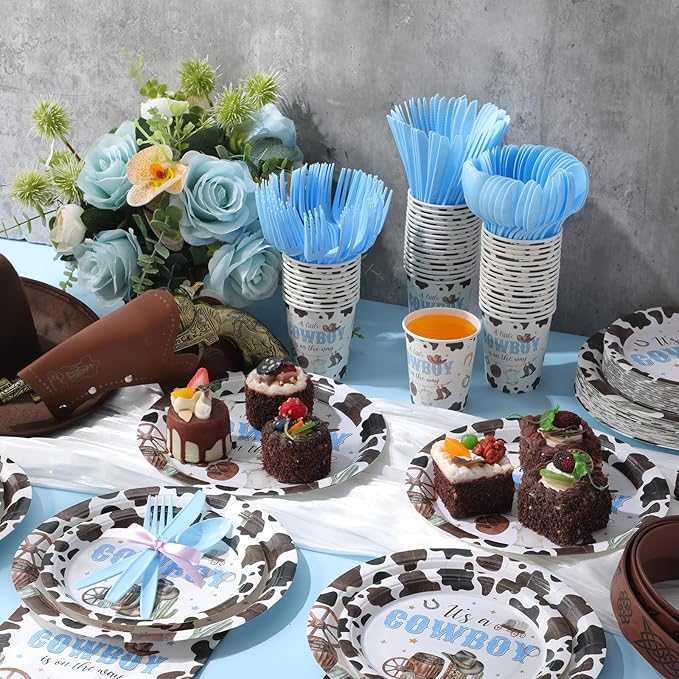 350 Pcs Western Cowboy Baby Shower Party Supplies a Cowboy Is on the Way Baby Shower Paper Plates Napkins Cups Disposable Western Party Tableware Plastic Cutlery Serves 50 Guest