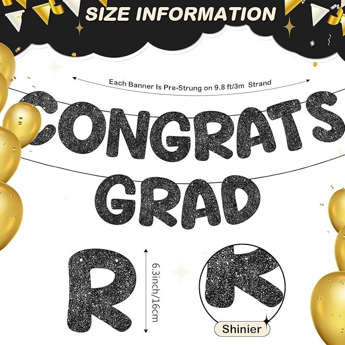 Fulmoon Pre Strung Congrats Grad Banner Glitter Congratulations Banner College Graduation Sign Class of 2026 Grad Party Decorations for High School University Graduation Party Favor(Black)