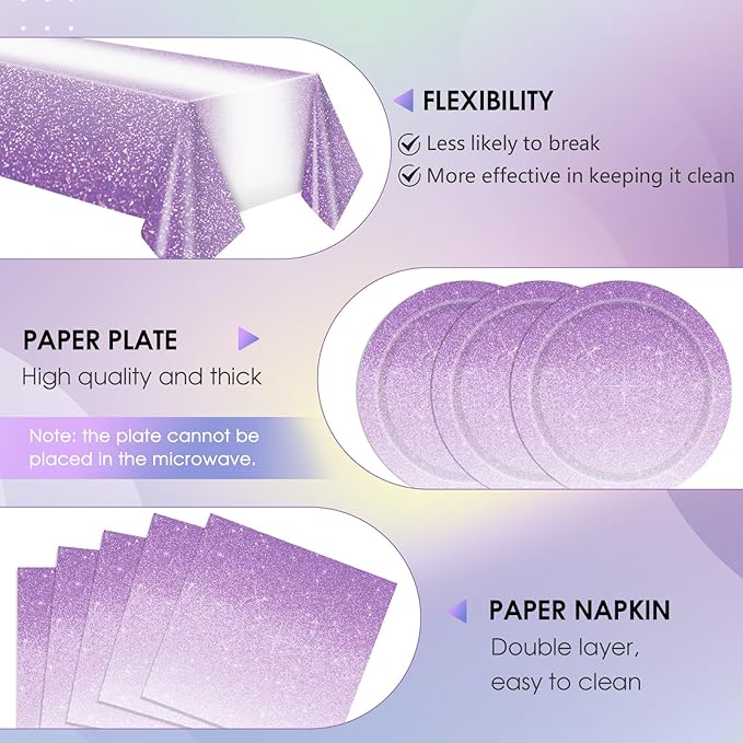 41Pcs Ombre Purple Party Decorations Disposable Party Tableware Set Gradient Pastel Purple Paper Plates Napkins Tablecloth, for Wedding Birthday Anniversary Lavender Party Decorations,Serve 20