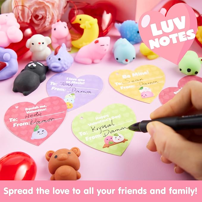 JOYIN 28 PCS Mochi Squishy Toys with Valentine Cards and Filled Hearts Party Favors for Kids Valentine Gifts Classroom Exchange, Kawaii Stress Relief Toy for Valentine’s Day Gift Exchange, Game Prizes