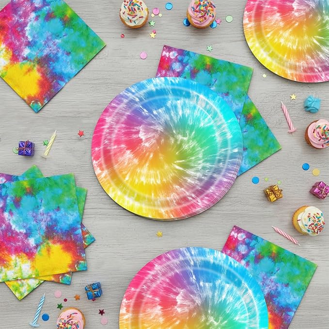 40Pcs Tie Dye Birthday Party Plates and Napkins for 20 Guests Tableware Supplies Colorful Tie Dye for Kids Baby Shower Birthday Party Decorations