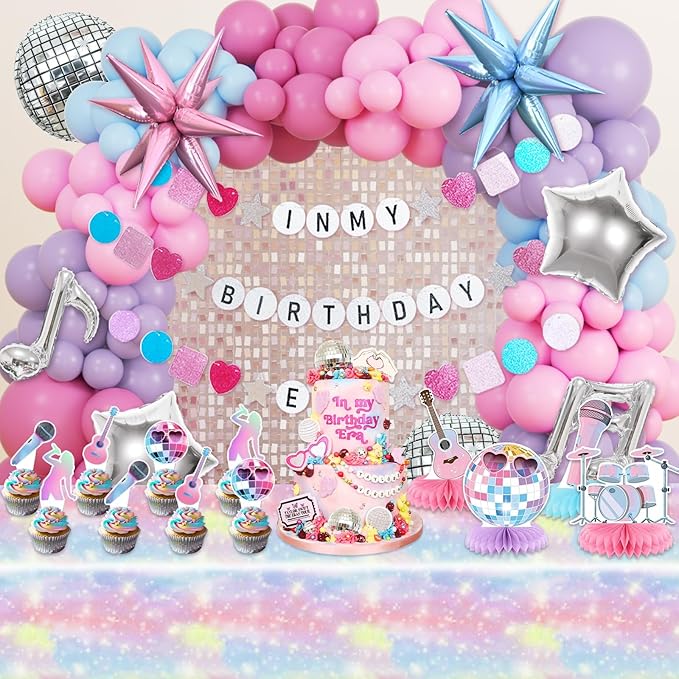 JOGAMS 184Pcs Silver Blue Pink and Purple Balloon Arch Kit with In My Birthday Era Banner Star Music Note Disco Ball Balloons for Friendship Songstar Fans Prom Karaoke Princess Theme Birthday Party