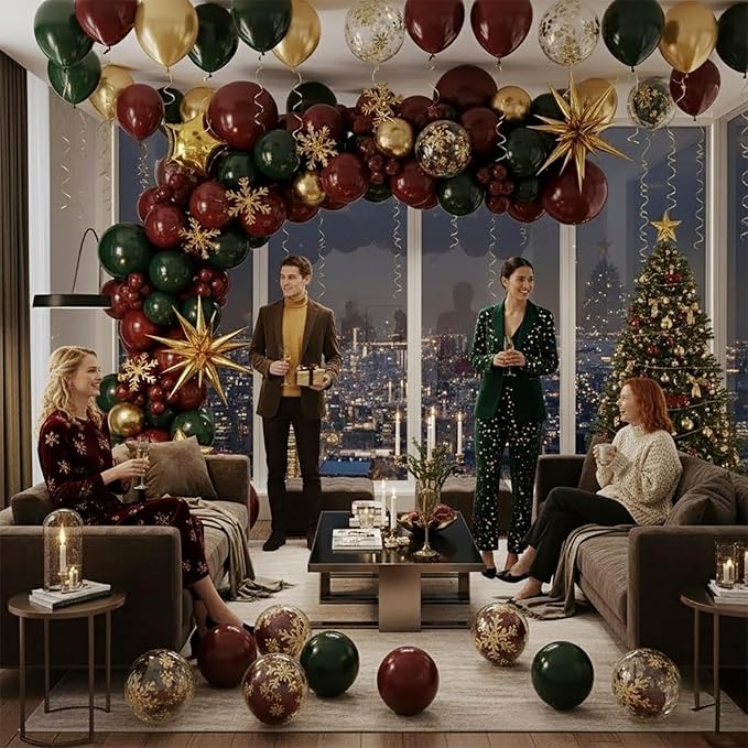 Winter Christmas Garland decorations with Maroon Hunter Green Gold confetti Balloon arch & Foil Star balloons & Artificial Snowflake Xmas Garland for wine red friendsmas new year party decorations
