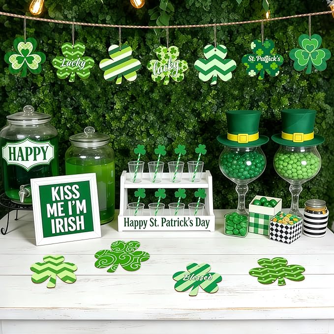36PCS Wooden Shamrock Ornaments to Paint St. Patrick's Day Decorations,9 Styles DIY Blank Unfinished Wood Shamrock Cutouts Ornament for Tree Home Crafts Hanging Gifts Indoor Spring Farmhouse