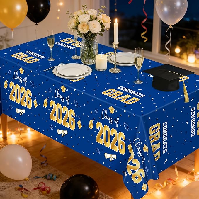 QZYL 4 Pack Graduation Decorations 2026, 54" x 108" Blue and Gold Disposable Graduation Table Cloths, Grad Party Decorations for Class of 2026, Rectangle Plastic Tablecloth for College Congrats Grad