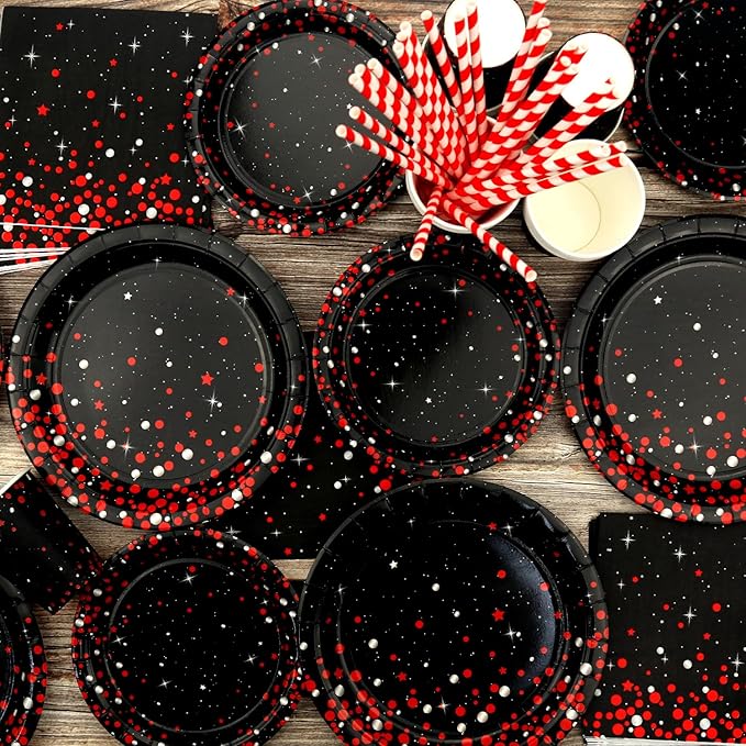 KEFAN Red Black Birthday Party Decorations, Red Black Theme Party Tableware Supplies including Plates, Cups, Napkins, Tablecloth (20)