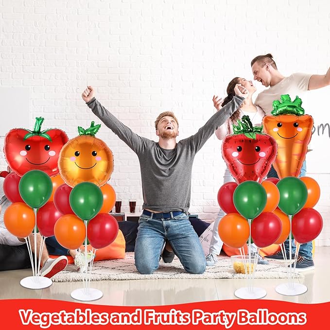4 Sets Vegetable Fruit Party Balloons Stand Kit with Smiling Carrot Strawberry Foil Balloons Tables Centerpiece Smiling Orange Tomato Balloon for Vegetable Fruits Farmers Market Parties Decorations
