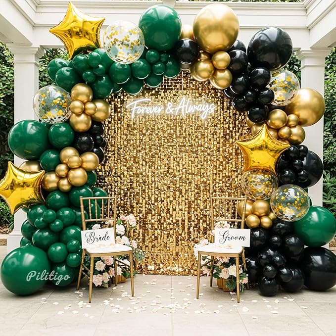 Double Stuffed Dark Green Black Gold Balloon Arch Kit - 104Pcs Emerald Green Balloon Garland with Gold Star Foil Balloons for Graduation 2026, Birthday, Wedding, Baby Shower, Jungle Party Decorations