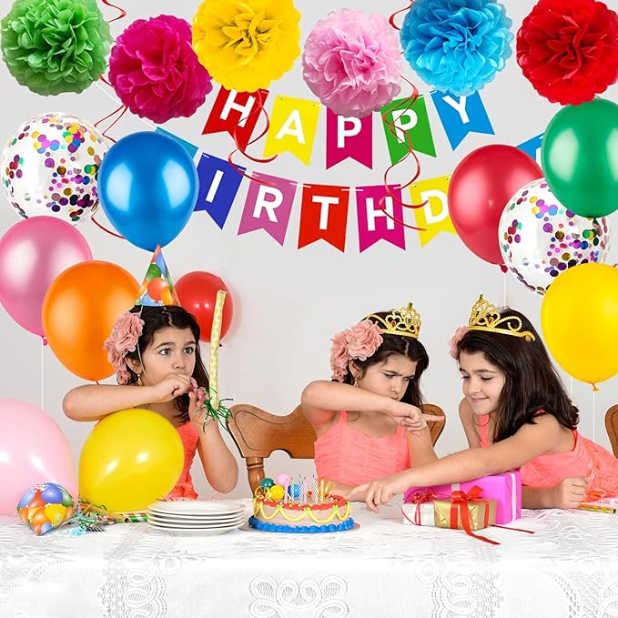 Colorful Birthday Party Decorations Kit - Happy Birthday Banner, Spiral Charm，Paper Flower Ball, Multicolor Latex Balloon and Colorful Confetti Balloons for Boys and Girls