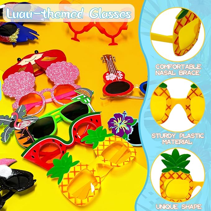 36 PCS Hawaiian Beach Tropical Party Decorations, Fun Summer Kids Party Favors with Luau Sunglasses and Hawaiian Leis Necklaces Bracelets for Beach Pool Themed Party Supplies Decoration