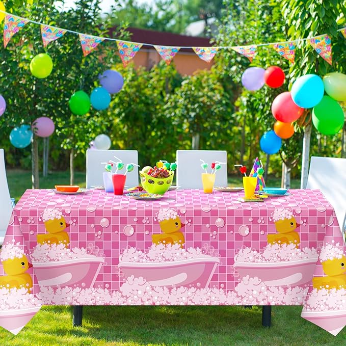 Oudain 3 Pcs Plastic Yellow Duck Tablecloth Disposable Cute Bubble Rubber Yellow Ducky Table Cover for Birthday Party Decorations Supplies, 51 x 86.6 Inch (Pink)