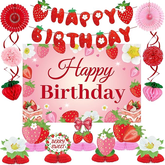 Strawberry Birthday Party Decorations,Strawberries Banner Backdrop Red Pink Fans Hanging Swirls honeycomb ball Pom Poms for Baby Shower Strawberrys Shortcake Party Supplies(Strawberry)