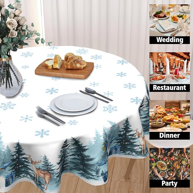 Christmas Reindeer Round Tablecloth Xmas Snowflake Pattern 70 Inch White Blue Table Cloth Winter Holiday Table Cover Washable Polyester Decor for Home Kitchen Dinning Party