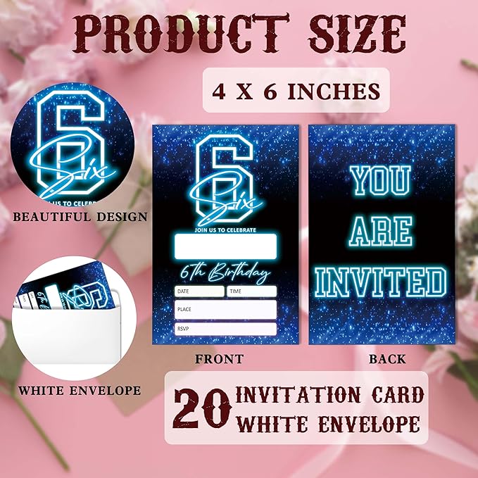 SIXEIGHT Blue 6th Birthday Party Invitations for Boys, Glow Neon Birthday Invitations, 20 Double Sided Invite Cards with Envelopes for Kids Girls, Party Decorations Supplies, 4"x6"-C06