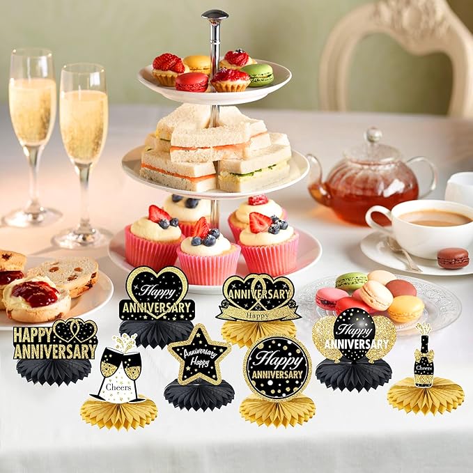 Happy Wedding Anniversary Decorations Table Honeycomb Centerpiece, 8pcs Anniversary Theme Party Supplies for Adult, 10th 25th 30th 40th 50th 60th Anniversary Table Decor