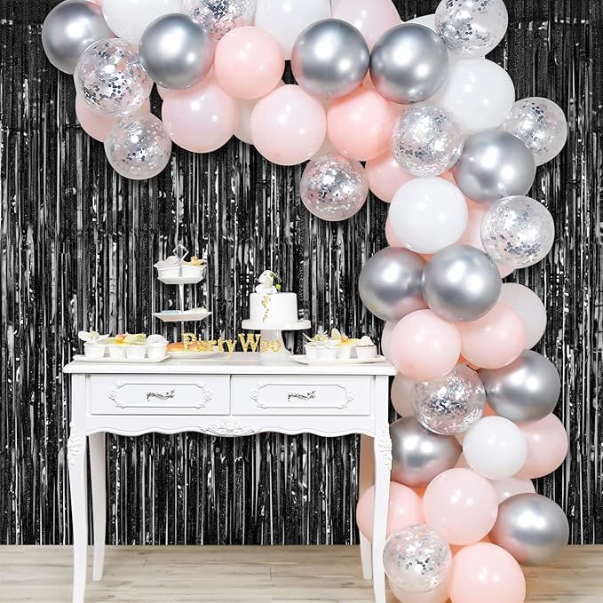 Black Tinsel Foil Fringe Curtain Backdrop, 3.3 x 8.2 ft Metallic Glitter Curtain Streamers, 2 Pack Black Photoboth for Birthday Halloween Bachelorette Party Decorations Photo Booth