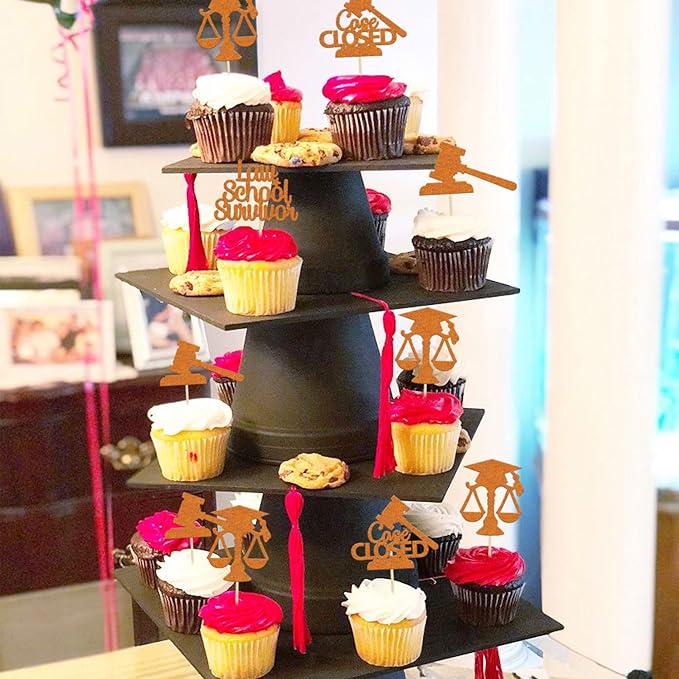 Gyufise 24Pcs Lawyer 2026 Graduation Cupcake Toppers Orange Glitter Class of 2026 Grad Cap Law School Survivor Cupcake Picks for 2026 Lawyer Graduation Party Cake Decorations Supplies
