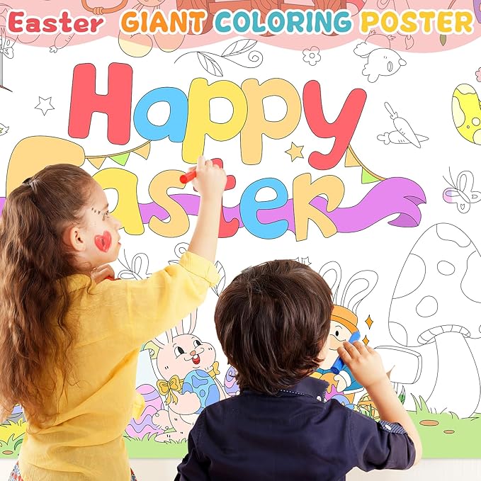 Happy Easter Giant Coloring Poster Large Easter Party Tablecloth for Kids, DIY Truck, Eggs,Rabbits, Chickes, Letters, Coloring Party Activity Poster & Table Cover,53x33 inches Jumbo Banner