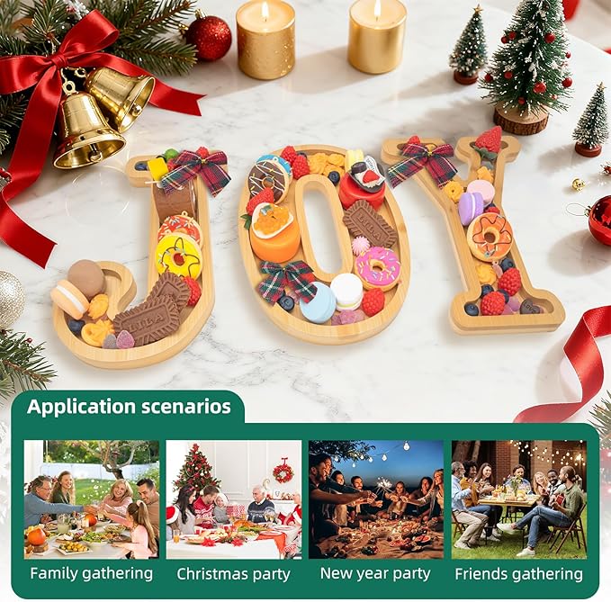 3PCS Bamboo Christmas Decorations Letters Charcuterie Board Box-(with 14 Balloons and Bow) Joy Charcuterie Letters Fillable Food Christmas Party Supplies Table Decoration Food Tray Platter