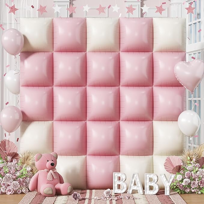 Pink Cream Balloons Square Foil Balloon, 25PCS Boho Baby Pink and Matt White Double Sided Foil Balloon Backdrop Wall Beige Flat Tunnel Background for Girls Women Birthdays Baby Shower Bridal Wedding