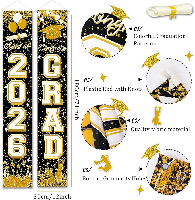 Class of 2026 Graduation Decorations Black and Gold Congrats 2026 GRAD Porch Sign Banner for High School and College Graduation Party Decoration