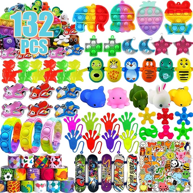 132 Pcs Party Favors for Kids, Treasure Box Toys for Classroom, Prize Box Toys for Kids, Goodie Bags Stuffers, Pinata Filler, Treasure Chest Pop Fidget Birthday Gifts