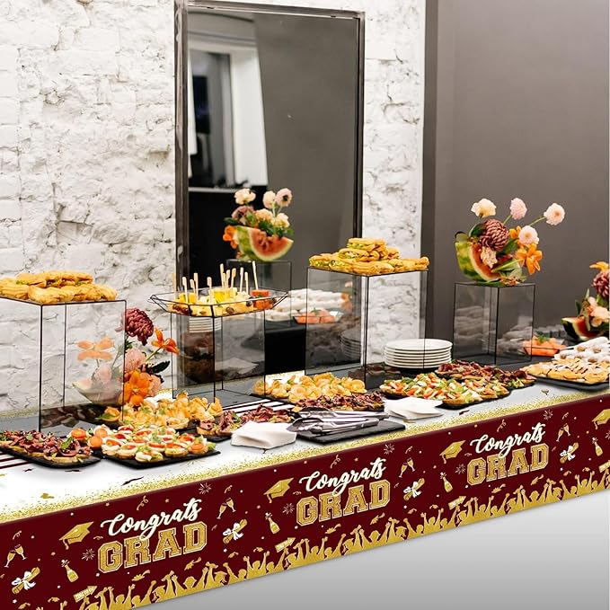 chiazllta Set of 3 Graduation Tablecloths Class of 2026 Congrats Grad Maroon Graduation Party Tablecover Decorations Party Supplies Large Size Plastic 54"x108"(Maroon & Gold)