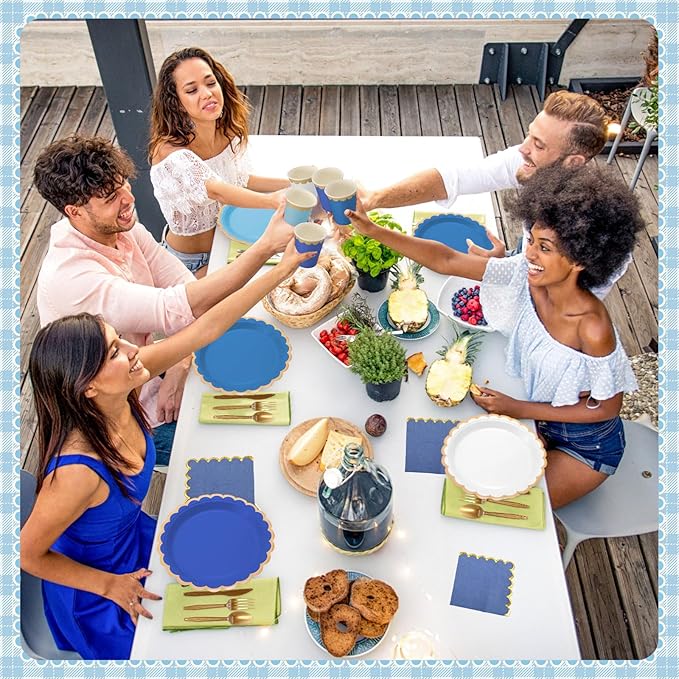 Mimorou 169 Pcs Blue Plates and Napkins Party Supplies for Guests Blue Tableware Include Scalloped Plates Paper Napkin Cup Spoon Fork Knife for Baby Shower, Wedding, Birthday