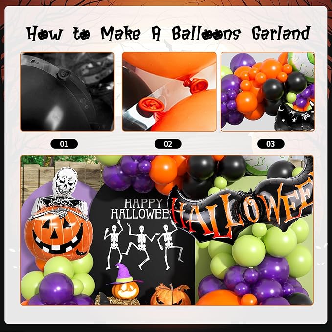 Halloween Balloons Garland Arch Kit, Orange Green Purple Balloons Arch Kit with Big Green Ghost Eye and Bat Skull Pumpkin Foil Balloon, Halloween Party Balloons For Home Garden Birthday Decorations
