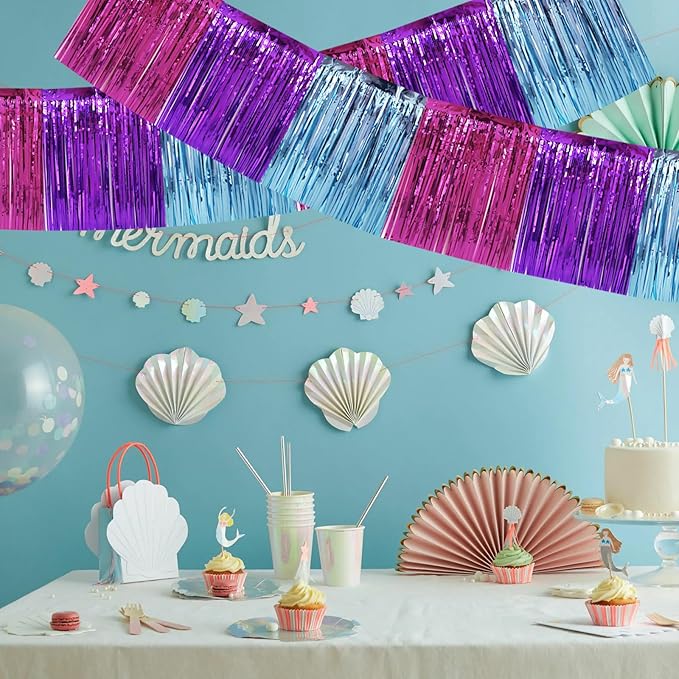 BEISHIDA 3 Packs Metallic Foil Fringe Garland Blue Purple Pink Wall Hanging Tinsel Fringe Banners for Car Floats Bridal Shower Wedding Birthday Easter Graduation Holiday Party Decoration(30 Feet)