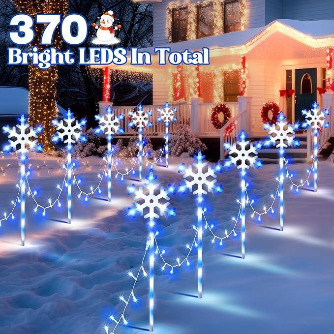 10 Pcs Christmas Snowflake Pathway Stake Lights for Outdoor Yard, 370 Bright LEDs Waterproof Large Christmas Snowflake Light Decoration for Garden Lawn Driveway Walkway Decor (Blue White)