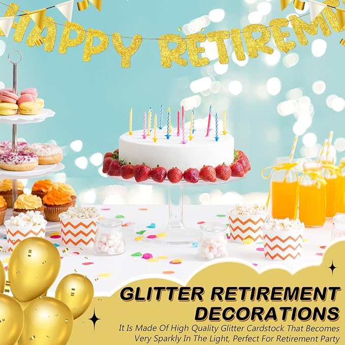 Fulmoon Pre Strung Happy Retirement Banner Glitter Retirement Sign Funny Official Retired Decor Party Decorations Supplies for Men Women Gifts (Gold)