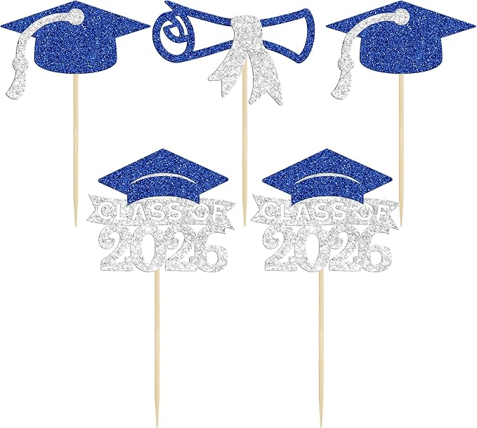 Gyufise 24Pcs Class of 2026 Graduation Cupcake Toppers Glitter Diploma 2026 Grad Cap Cupcake Picks for 2026 Theme Party Cake Decorations Supplies Silver Blue
