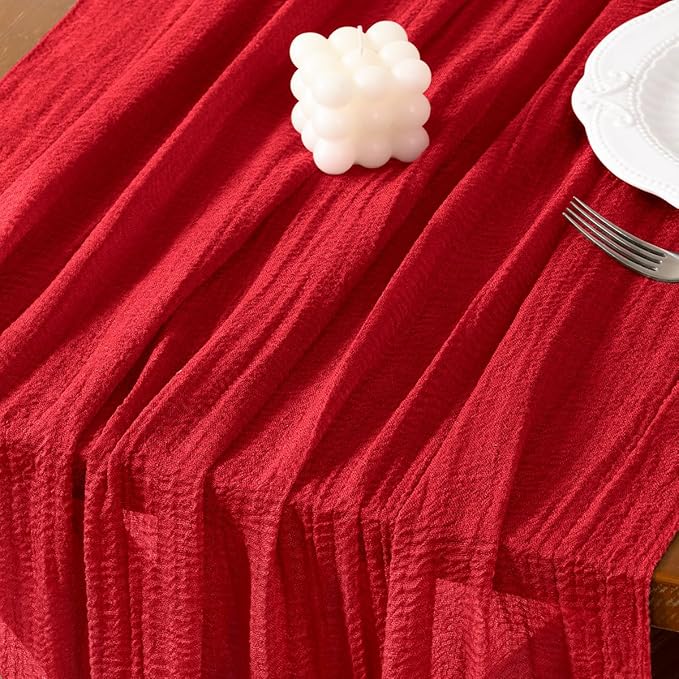 Socomi 3pcs Red Cheesecloth Table Runner Easter Spring Gauze 120 Inch Rustic Boho Cheese Cloth Runner for Wedding Party Baby Bridal Shower Centerpiece Decoration Holiday Home Decorations