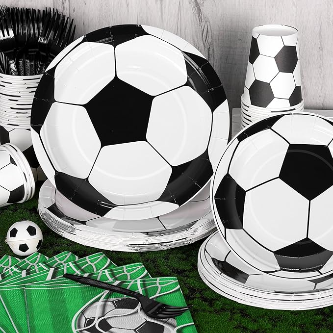 Kochorie 144 Pieces Football Party Supplies, Sports Tableware Sets Including Disposable Paper Plates Napkins Cups Forks Serves 24 for Soccer Games Birthday Football Party Decorations