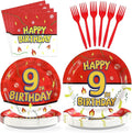 Grencian 96Pcs Happy 9th Birthday Party Supplies Cartoon Anime Themed Paper Plates and Napkins Tableware Sets Red and White Decoration for 9 Year Old Birthday Kids Children Party Serves 24