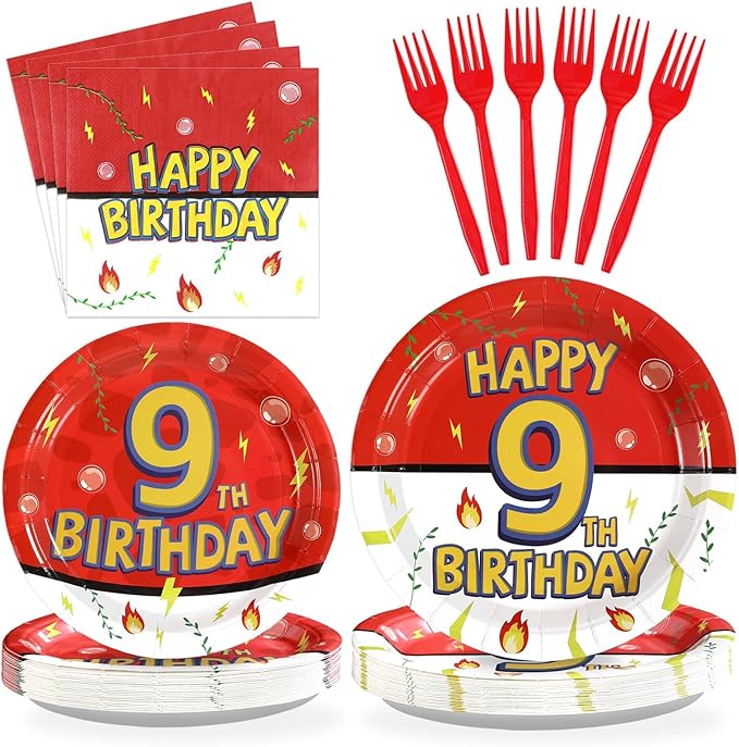 Grencian 96Pcs Happy 9th Birthday Party Supplies Cartoon Anime Themed Paper Plates and Napkins Tableware Sets Red and White Decoration for 9 Year Old Birthday Kids Children Party Serves 24