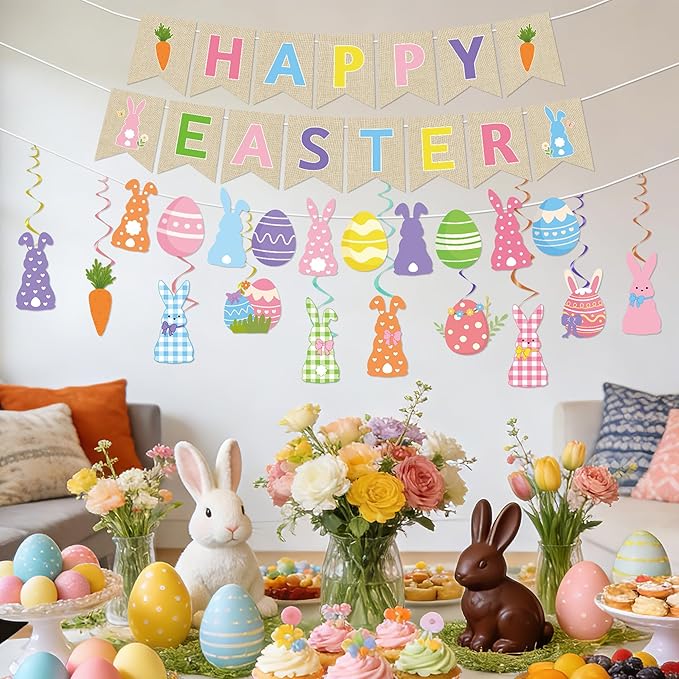 Happy Easter Banner Decorations - 13 Pcs Colorful Pre-strung Bunny Egg Banners Garland Hanging Swirls Set Spring Party Supplies Favors for Home Office Inside Fireplace Wall Ceiling Decor