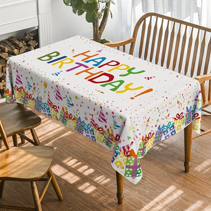 Horaldaily Birthday Tablecloth 60x60 Inch Square, Happy Birthday Ballon White Washable Seasonal Table Cover for Party Picnic Dinner Decor