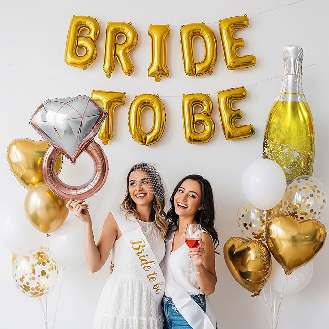 Gold Decorations pearl White balloons Bridal Veil BRIDE TO BE Balloons Sash with Diamond Ring Heart Champagne Balloons for Bachelorette Party Decor Bride To Be Bridal Showerr
