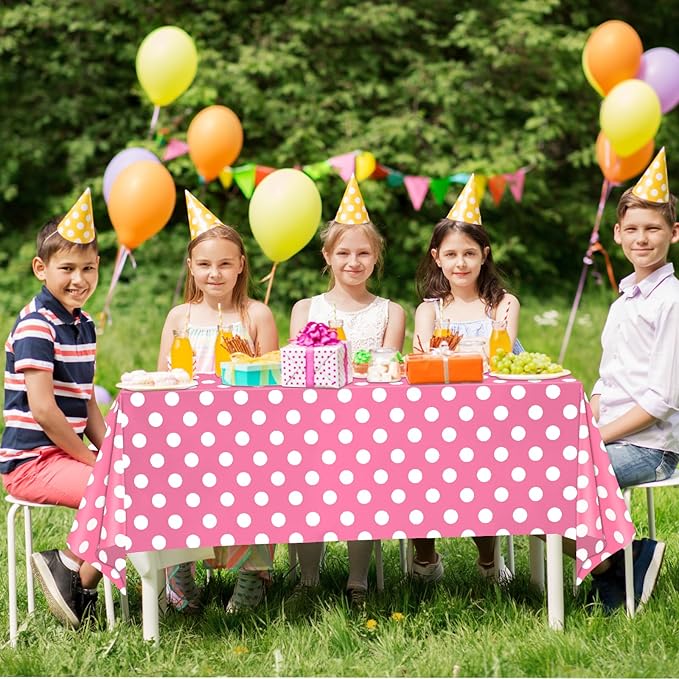 WNINK 2 Pack Pink and White Polka Dot Tablecloths – Pink Disposable Plastic Waterproof Table Cover, 54" x 108", for Birthday, Wedding, Bridal Shower, Bachelor, Pink Girl Party, and Picnic