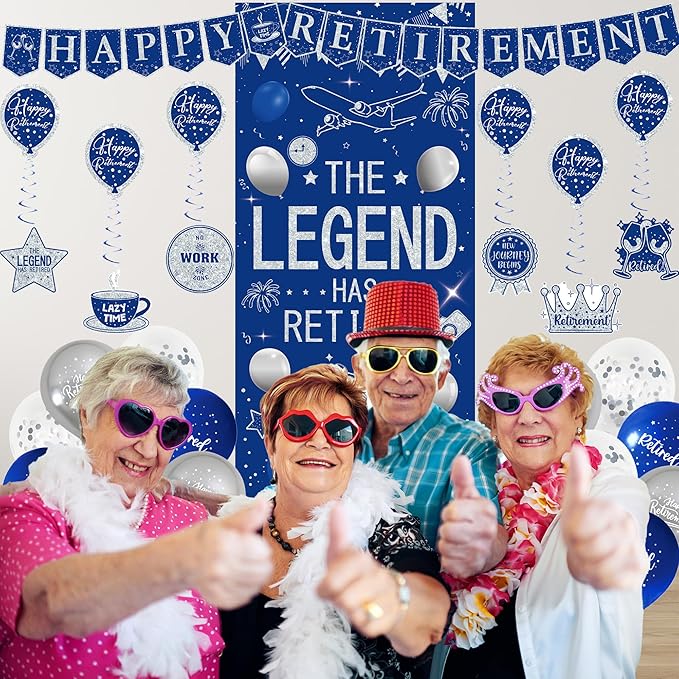 Roetyce Retirement Party Decorations for Men Women, Blue Silver Happy Retirement Banner Balloons Hanging Swirls Kit, Lengend Has Retired Backdrop for Coworker, Office Retired Party Supplies