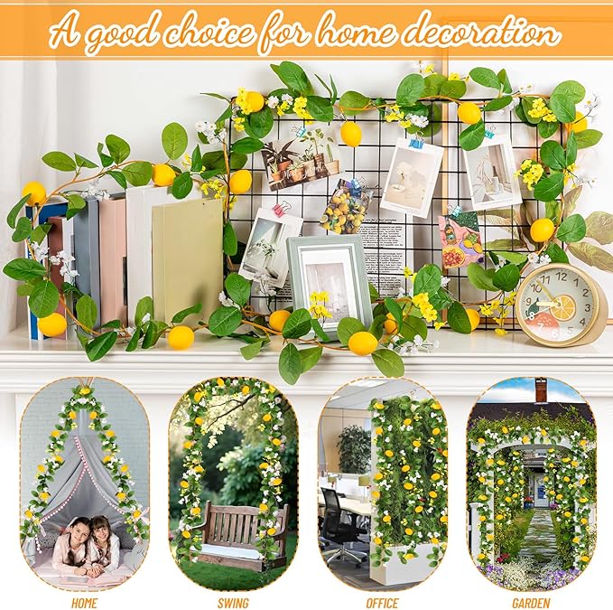 4 Pcs Artificial Lemon Flower Garland Vine, 28 Ft Fake Yellow Lemon Vines Silk Flowers Hanging Floral Garlands Decoration for Room Wall, Flower Themed Party, Wedding Supplies